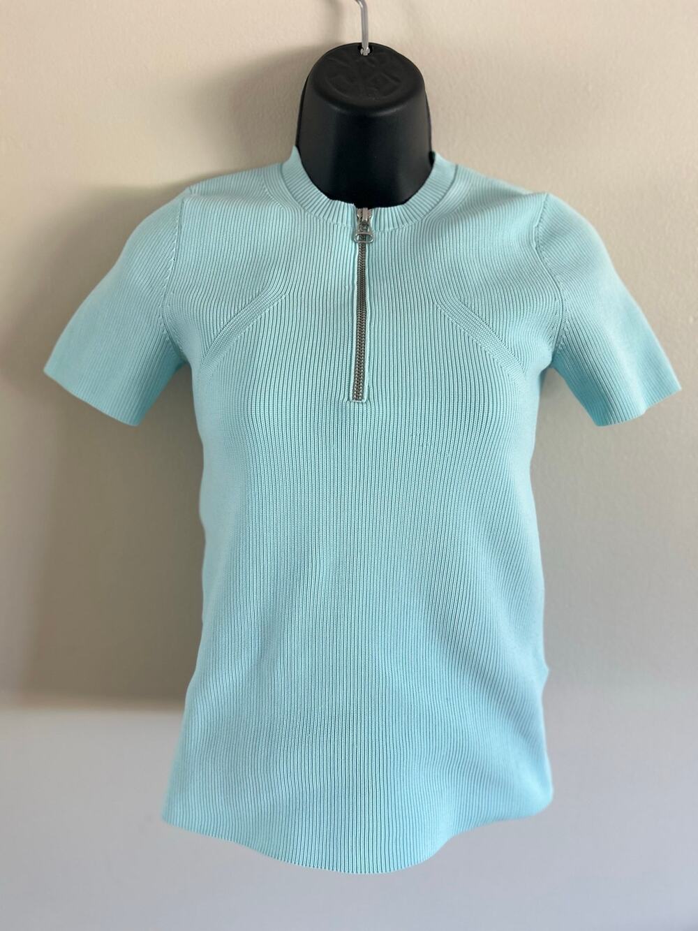 Helmut Lang Ribbed Zip Front Knit Top Small Mint Blue Short Sleeve